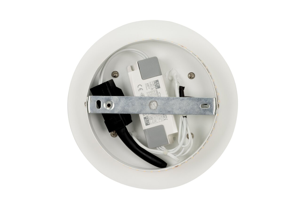 Rückansicht einer runden LED-Deckenleuchte mit sichtbarer Verkabelung und Montagehalterung.