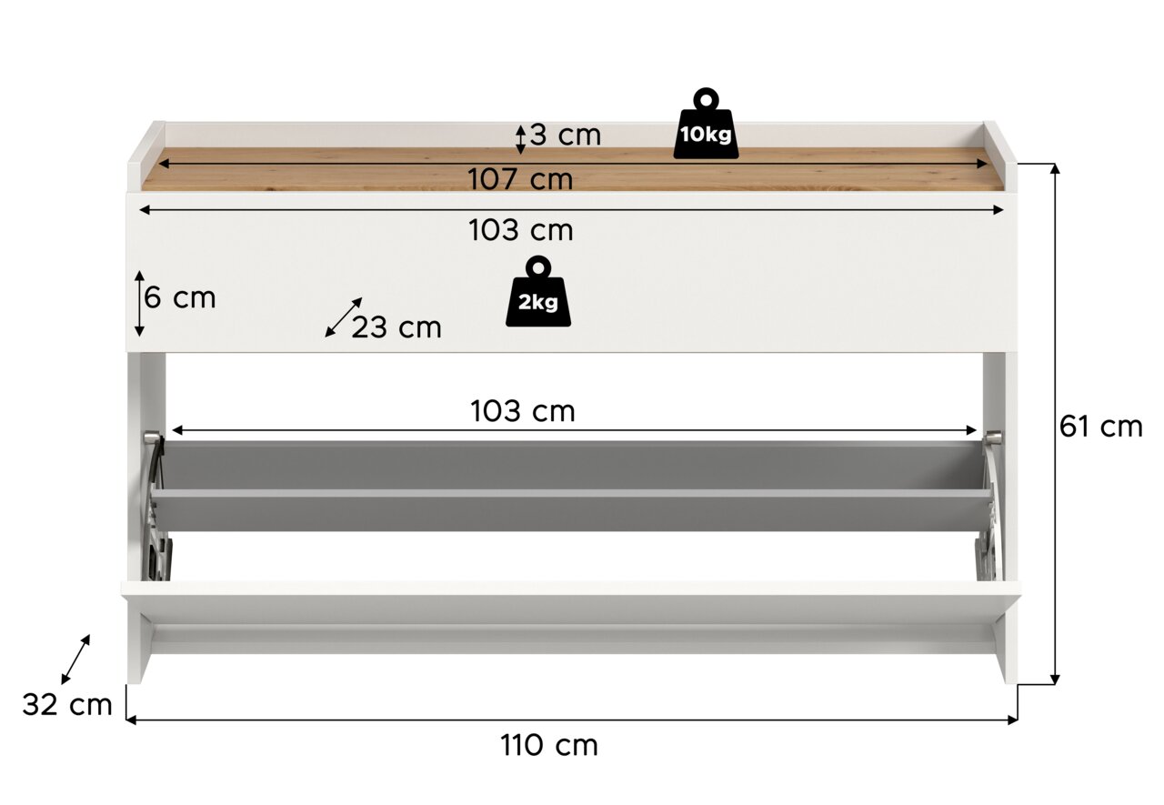 Weißes Schuhregal/Schuhkipper mit geöffneter Klappe und Holzoberfläche, Maße ca. 110 cm Breite, 61 cm Höhe, 32 cm Tiefe; Belastbarkeit oben 10 kg, Klappe 2 kg; Frontansicht mit leicht erhöhter Perspektive.