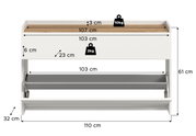 Weißes Schuhregal/Schuhkipper mit geöffneter Klappe und Holzoberfläche, Maße ca. 110 cm Breite, 61 cm Höhe, 32 cm Tiefe; Belastbarkeit oben 10 kg, Klappe 2 kg; Frontansicht mit leicht erhöhter Perspektive.