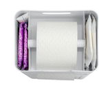 Blick von oben auf eine 6-in-1 Stand WC-Garnitur mit Toilettenpapierrolle, Tampons und Hygienetüchern.