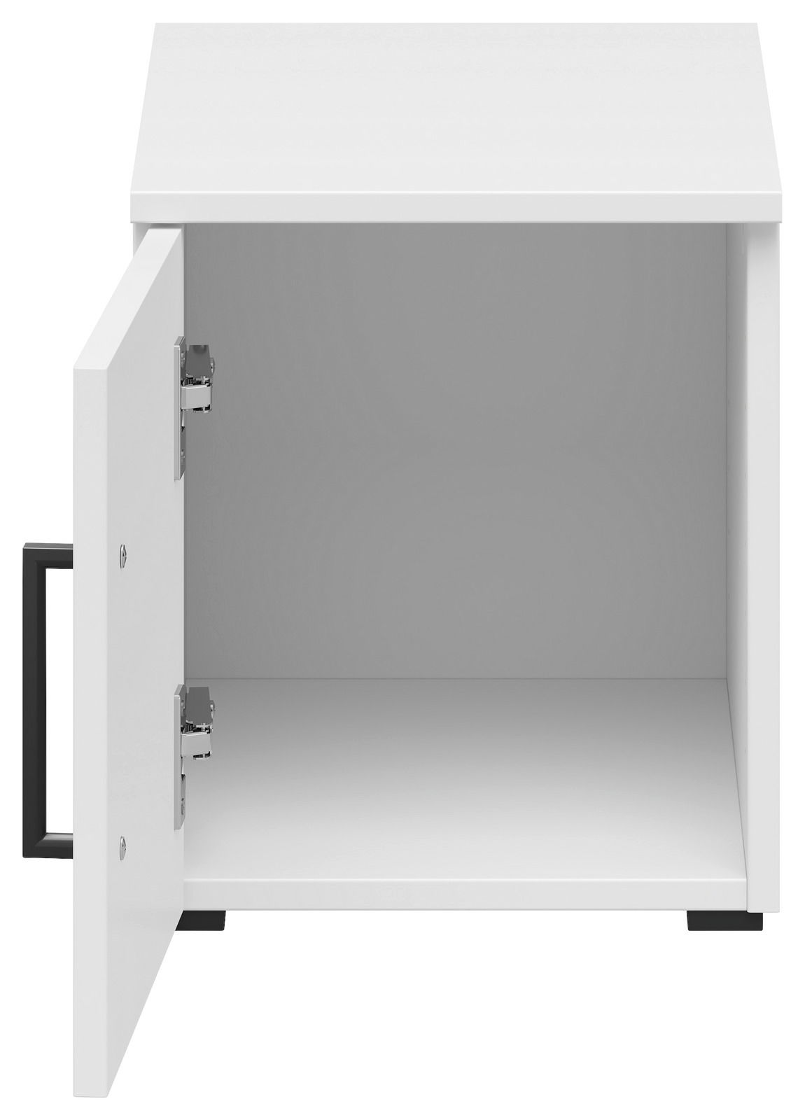 Weißer Aufsatzschrank mit geöffneter Tür, Frontalansicht