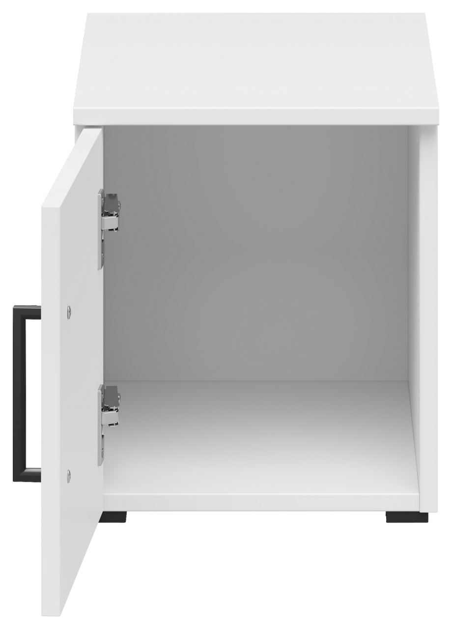 Weißer Aufsatzschrank mit geöffneter Tür, Frontalansicht