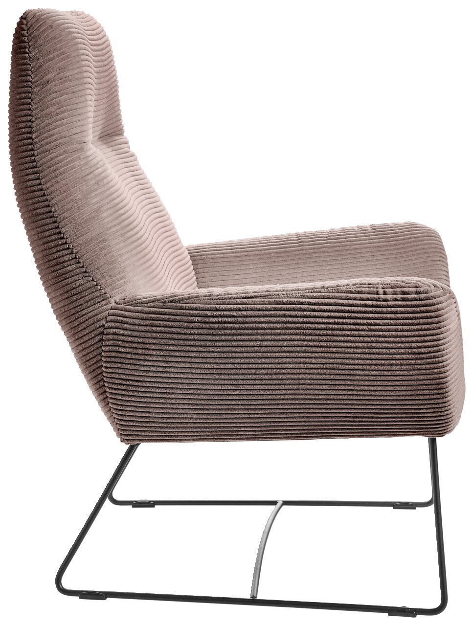 Zijaanzicht van een fauteuil met geribbelde stoffen bekleding en een slank metalen frame.