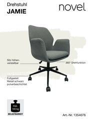 Grauer Drehstuhl JAMIE mit höhenverstellbarem Sitz und 360° Drehfunktion, schwarzes pulverbeschichtetes Metallfußgestell, seitliche Perspektive