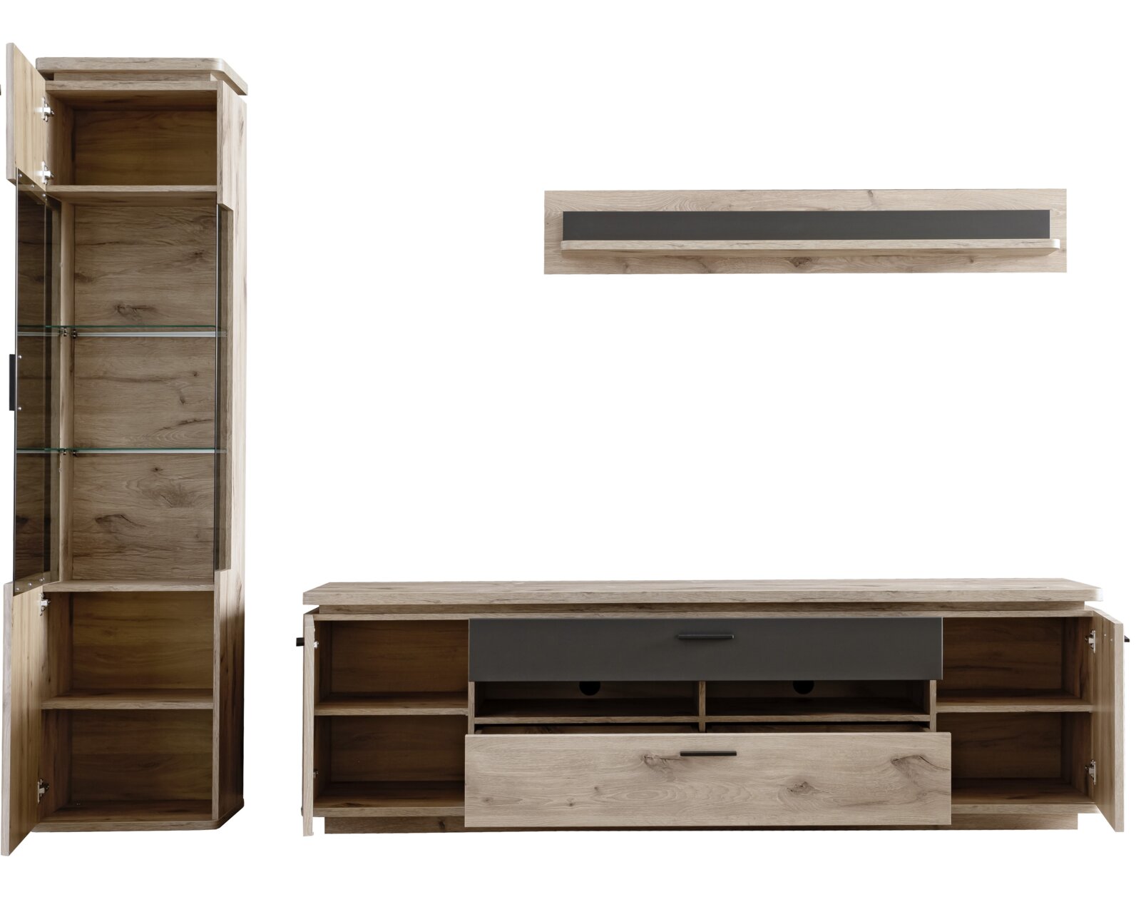 Wohnwand-Set aus Holzoptik mit Vitrine, TV-Lowboard und Wandboard, Schubladen und offenen Türen, frontal in leichter Aufsicht dargestellt