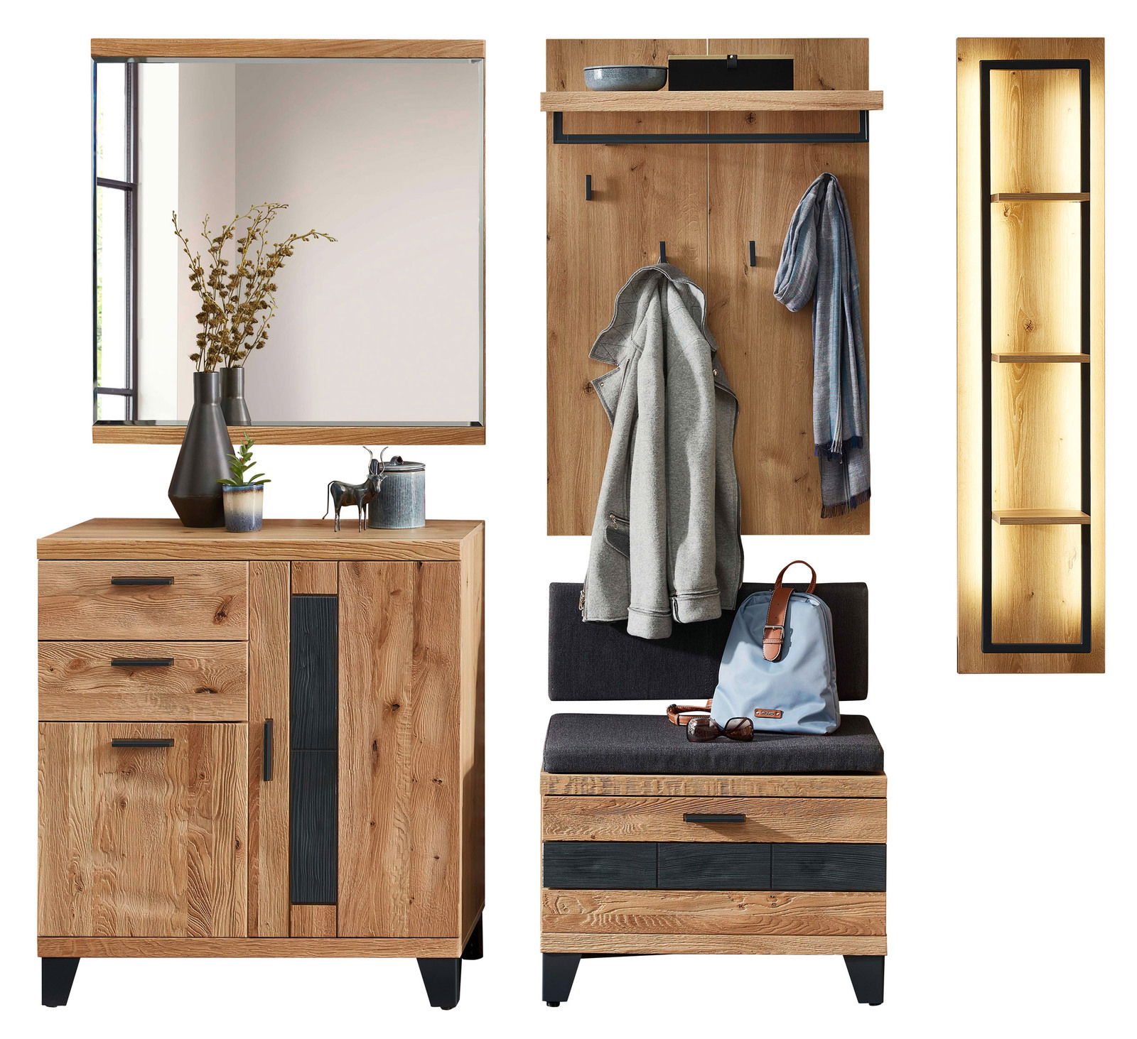 Linea Natura Garderobenkombination-Set PERSIKO Garderobenkombination Set 82 in Holzoptik mit Spiegel, Hakenleiste, Sitzbank und beleuchtetem Regal, Frontalansicht