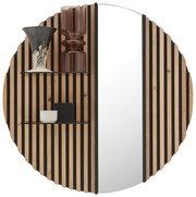 Hängepaneel LUCIANO mit Holzlatten-Design und Glas auf der rechten Seite, perspektivisch von vorne betrachtet.