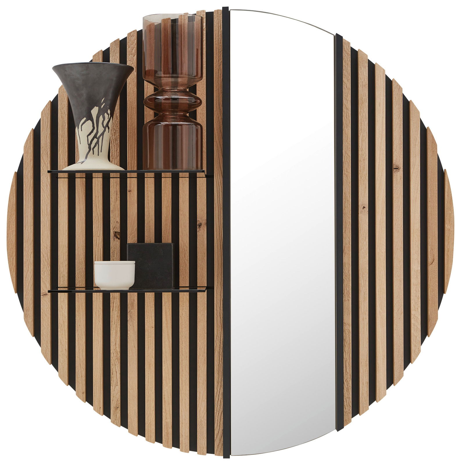 Hängepaneel LUCIANO mit Holzlatten-Design und Glas auf der rechten Seite, perspektivisch von vorne betrachtet.