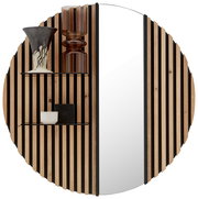 Hängepaneel LUCIANO mit Holzlatten-Design und Glas auf der rechten Seite, perspektivisch von vorne betrachtet.