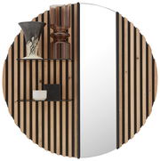 Hängepaneel LUCIANO mit Holzlatten-Design und Glas auf der rechten Seite, perspektivisch von vorne betrachtet.