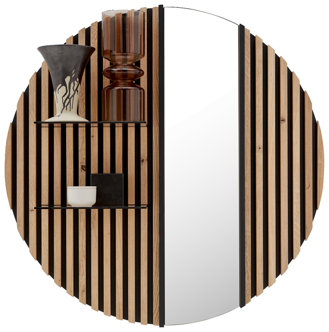Hangpaneel LUCIANO met houten lattenmotief en glas aan de rechterkant, in perspectief gezien vanaf de voorkant.