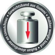 Illustration eines Gewichts mit rotem Pfeil nach unten, umgeben von einem Kreis mit der Aufschrift 'Gewichtsband aus Gummi'. Frontalansicht.