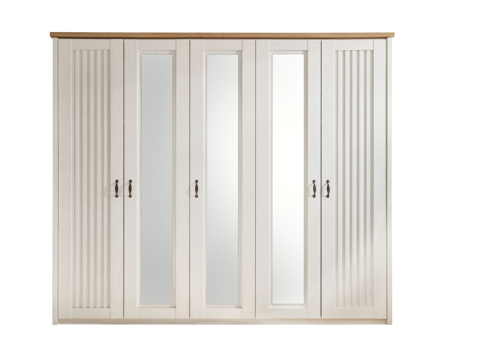Fünf-türiger Kleiderschrank in Weiß mit Holzoberfläche und Spiegeln, Frontalansicht