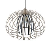 Moderne Hängeleuchte mit einem offenen, kugelförmigen Design aus Metallstreben, von oben betrachtet.