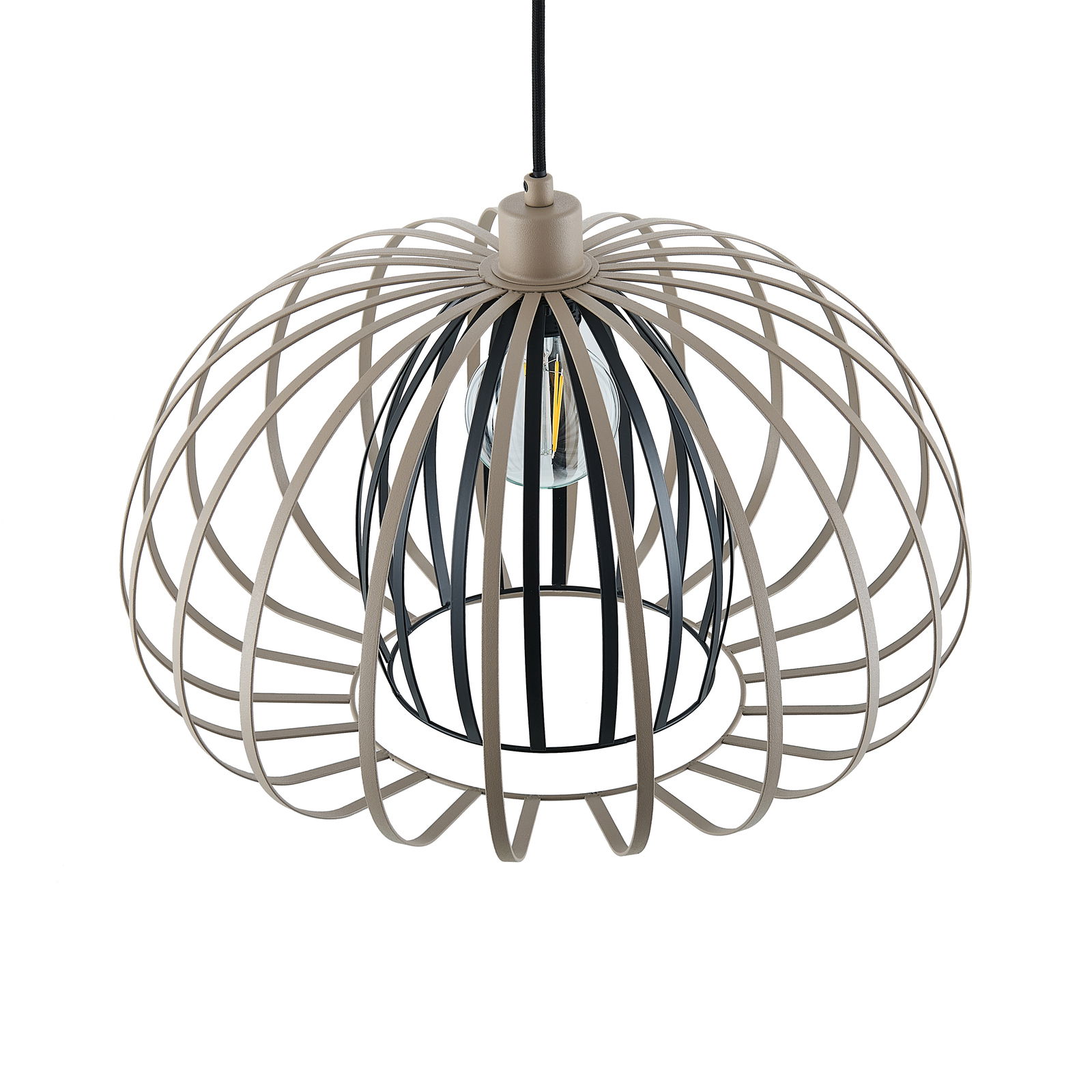 Moderne Hängeleuchte mit einem offenen, kugelförmigen Design aus Metallstreben, von oben betrachtet.