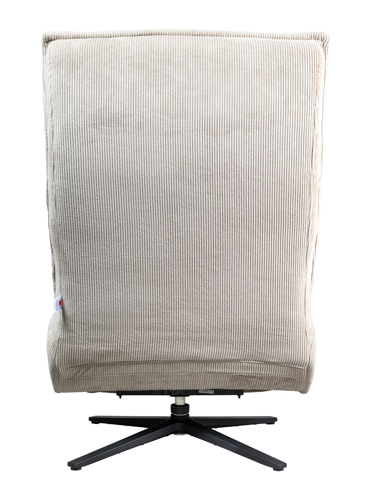 Rückansicht einer Relaxliege mit beigem, geripptem Stoffbezug und schwarzem Drehfuß.