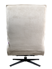 Rückansicht einer Relaxliege mit beigem, geripptem Stoffbezug und schwarzem Drehfuß.