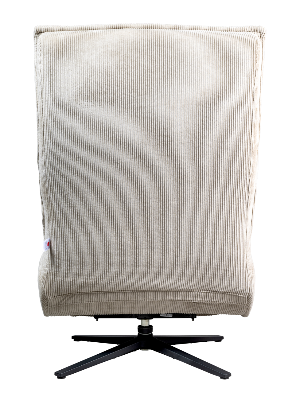 Rückansicht einer Relaxliege mit beigem, geripptem Stoffbezug und schwarzem Drehfuß.