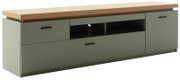Modernes Sideboard/Lowboard in Olivgrün mit Holzplatte, zwei Türen und offener Ablage mit Kabeldurchlass, schräg von vorn (Frontansicht in leichter Perspektive) freigestellt auf weißem Hintergrund