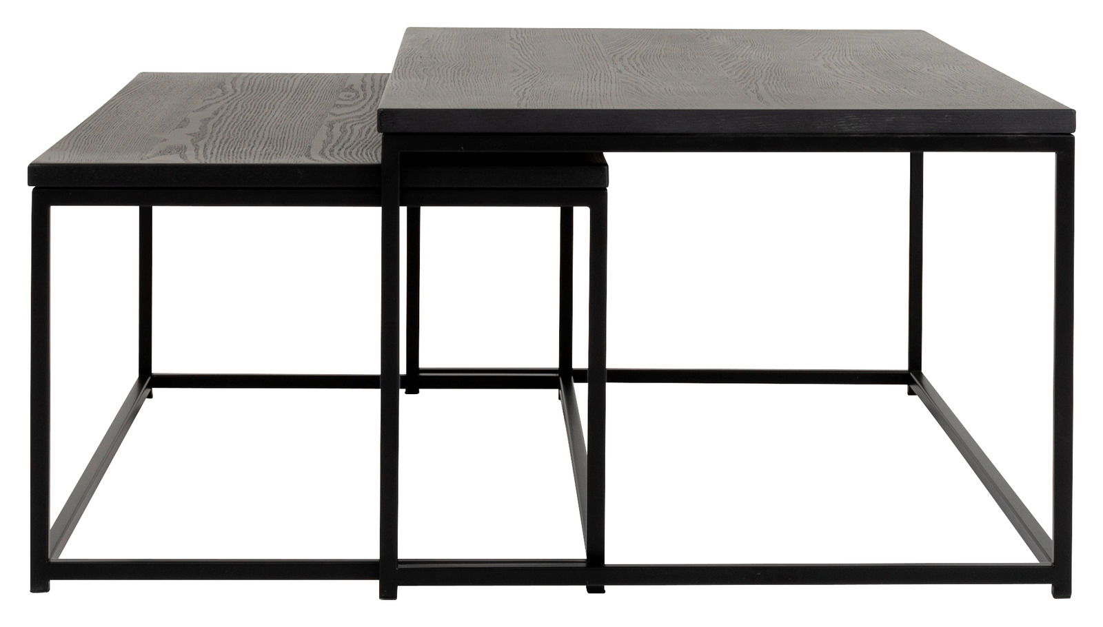 Zweier-Set von Couchtischen mit schwarzer Holzoberfläche und Metallgestell, seitliche Perspektive