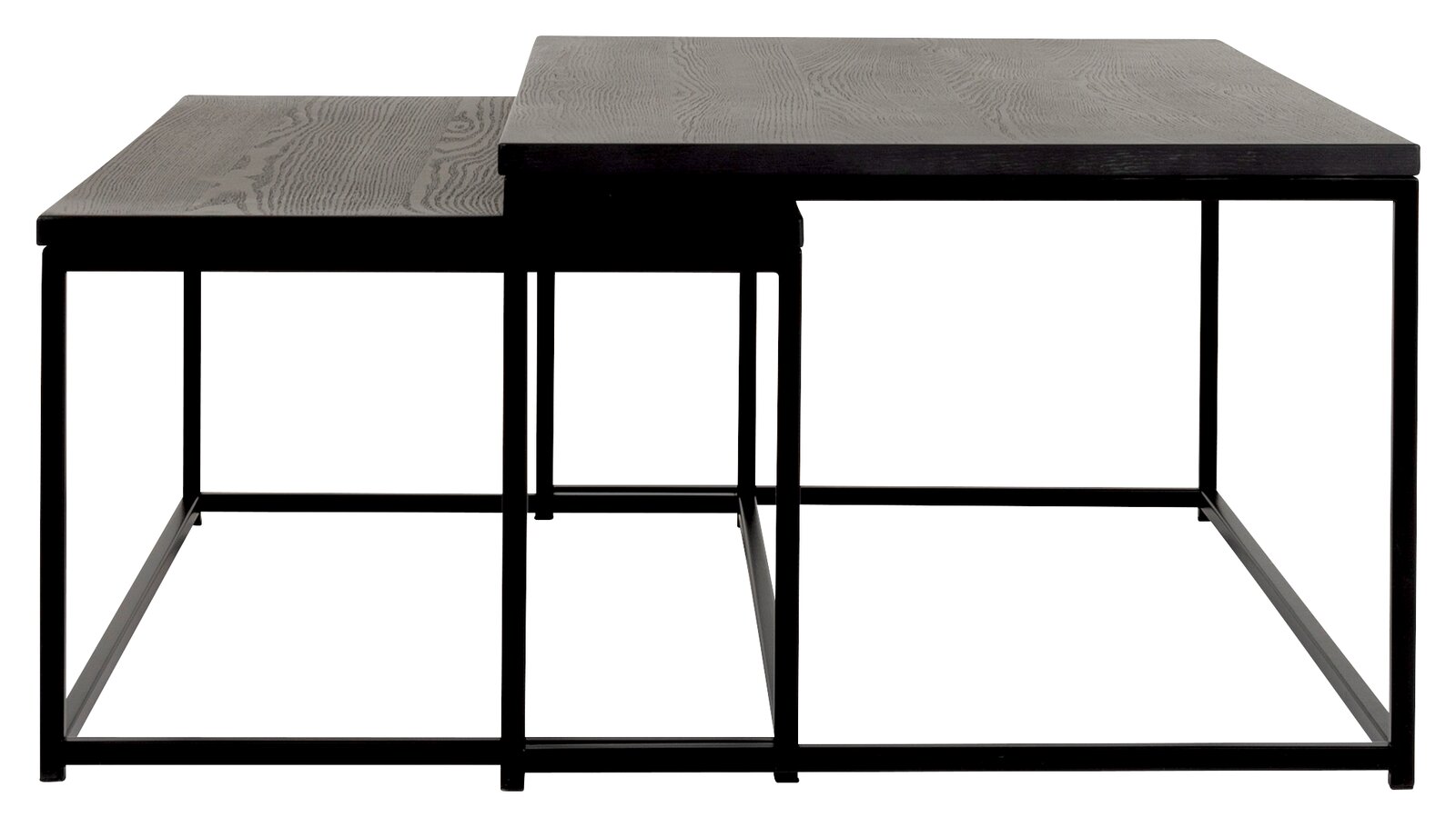 Zweier-Set von Couchtischen mit schwarzer Holzoberfläche und Metallgestell, seitliche Perspektive