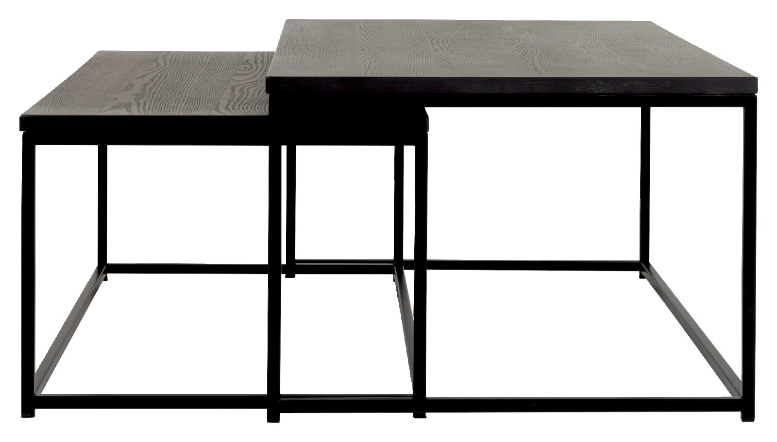 Zweier-Set von Couchtischen mit schwarzer Holzoberfläche und Metallgestell, seitliche Perspektive