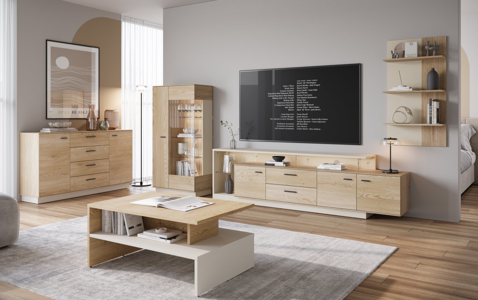 Z2 Wandregal LAGOON Modernes Wohnzimmer mit einem Wandregal aus Holz, das drei Regalböden hat. Das Regal ist an einer hellen Wand montiert und zeigt dekorative Objekte und Bücher. Perspektive von vorne.