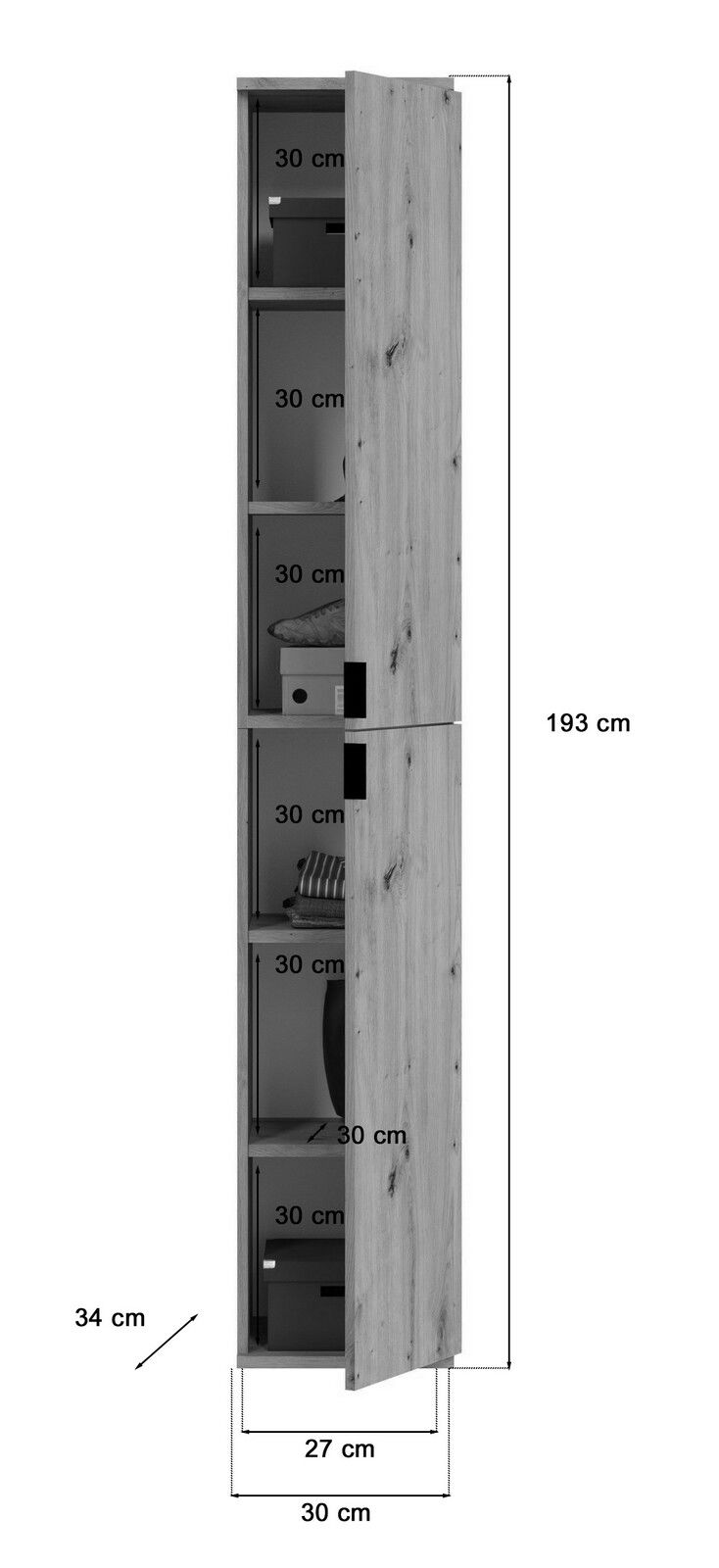 Schmaler, hoher Schrank mit Holztür, fünf Fächer, Maße: 193 cm hoch, 30 cm breit, 34 cm tief, seitliche Perspektive
