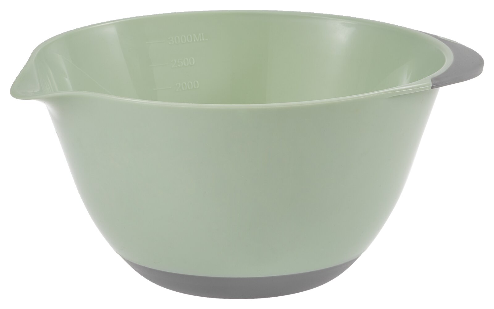 Grüne Rührschüssel aus Kunststoff mit Skala, seitliche Perspektive