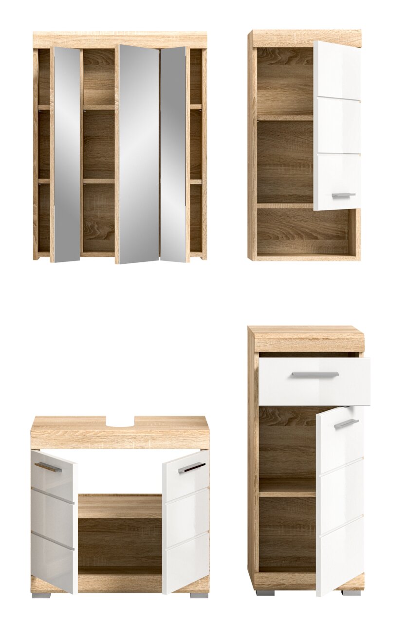 Badezimmermöbel-Set in Holzoptik mit weißen Fronten, bestehend aus einem Spiegelschrank, einem Hochschrank und einem Unterschrank, frontal abgebildet.