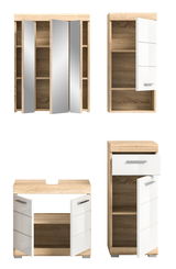 Badezimmermöbel-Set in Holzoptik mit weißen Fronten, bestehend aus einem Spiegelschrank, einem Hochschrank und einem Unterschrank, frontal abgebildet.