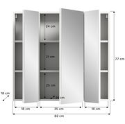 Spiegelschrank mit drei Türen, geöffnet, zeigt Innenfächer und Maße, Frontansicht.