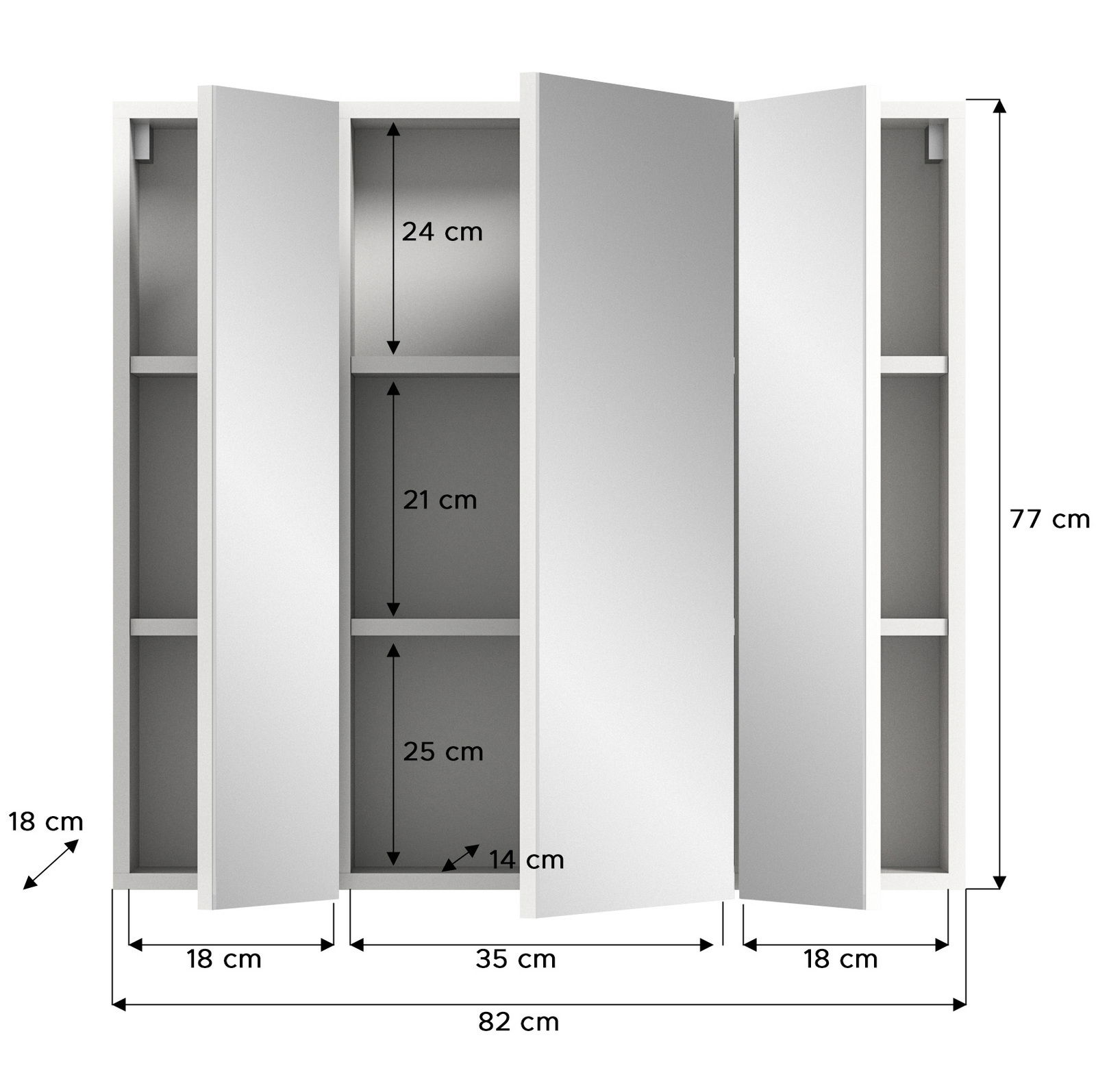 Spiegelschrank mit drei Türen, geöffnet, zeigt Innenfächer und Maße, Frontansicht.