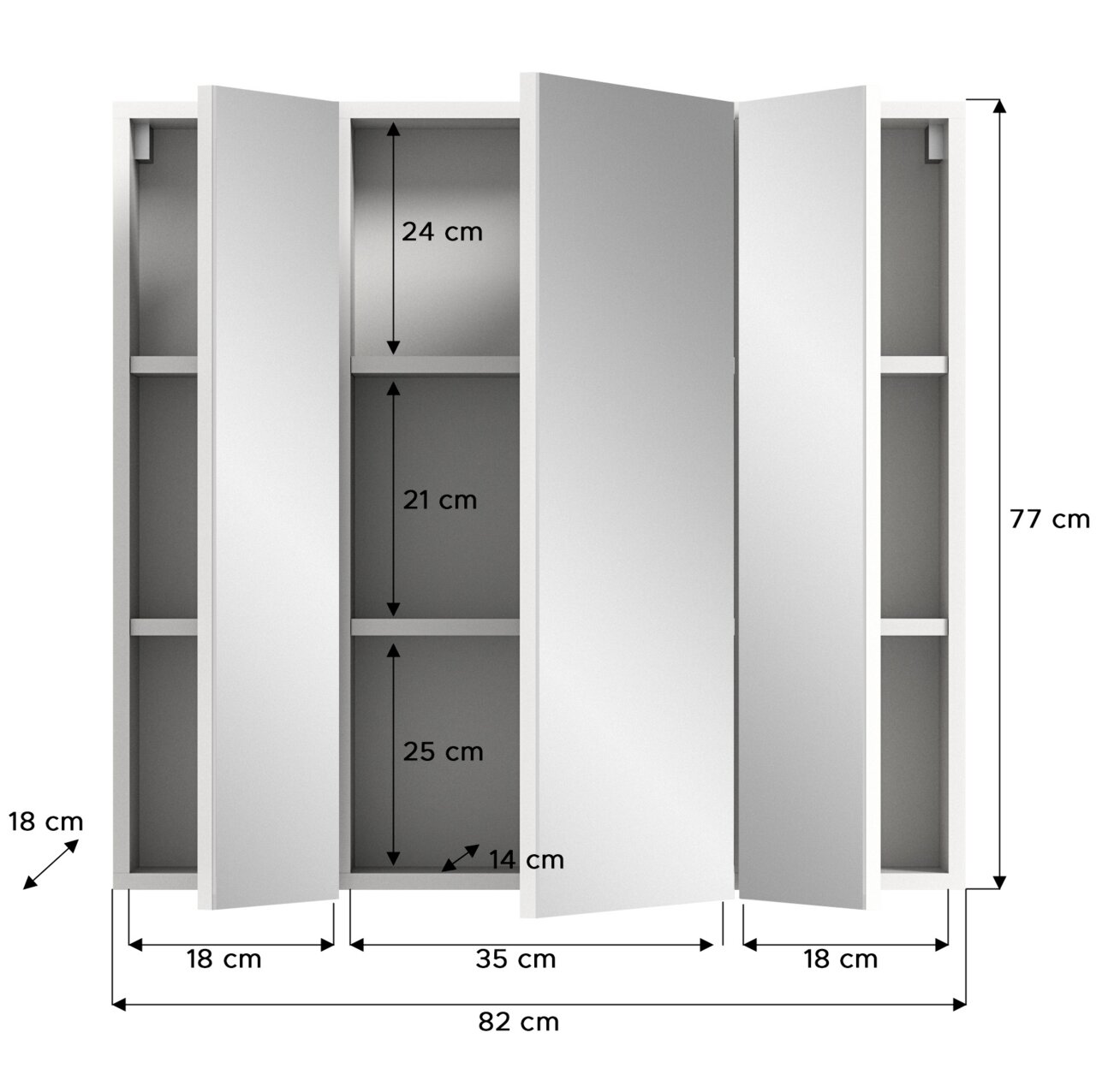 Spiegelschrank mit drei Türen, geöffnet, zeigt Innenfächer und Maße, Frontansicht.