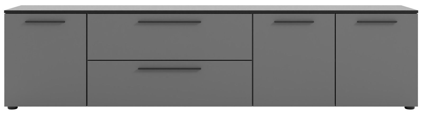 Frontansicht eines grauen XL-TV-Lowboards mit zwei Türen und zwei Schubladen.