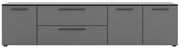 Frontansicht eines grauen XL-TV-Lowboards mit zwei Türen und zwei Schubladen.