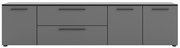 Frontansicht eines grauen XL-TV-Lowboards mit zwei Türen und zwei Schubladen.
