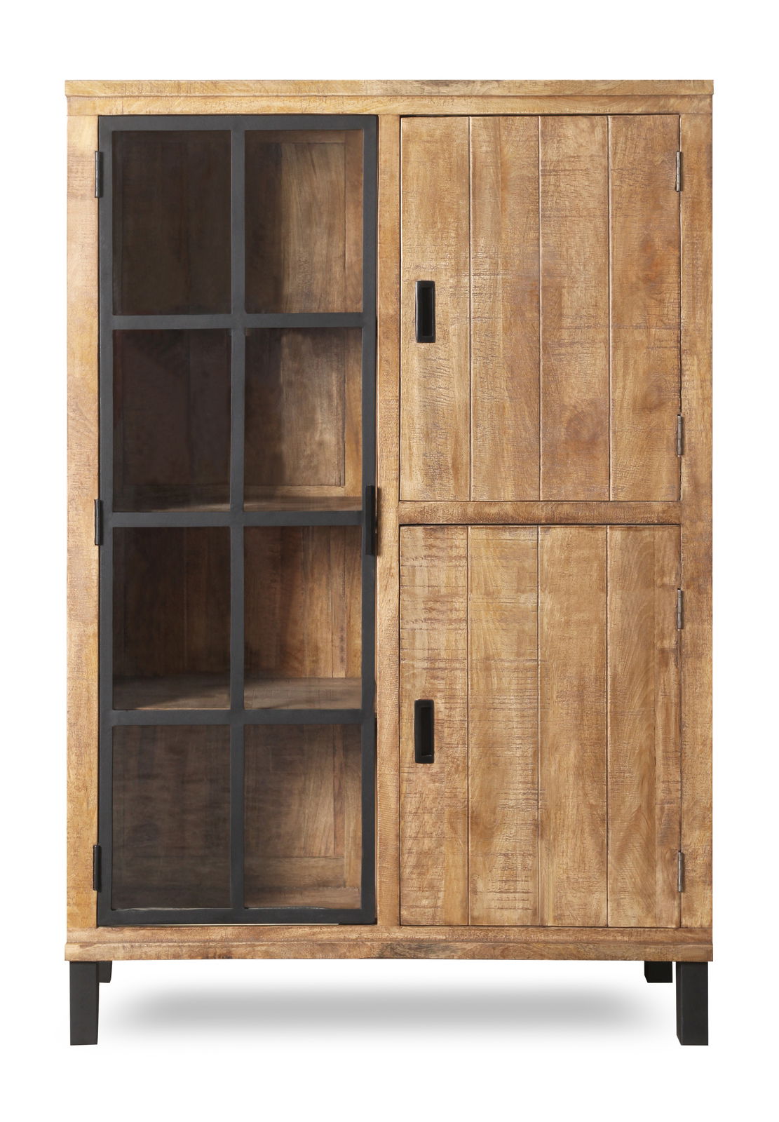 Frontale Ansicht eines Highboards aus Holz mit einer Glastür links und zwei Holztüren rechts.