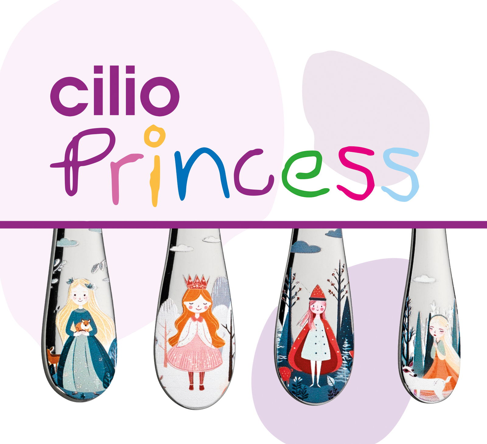 Kinderbesteck PRINCESS 4-tlg. mit bunten Prinzessinnen-Motiven, Vorderansicht