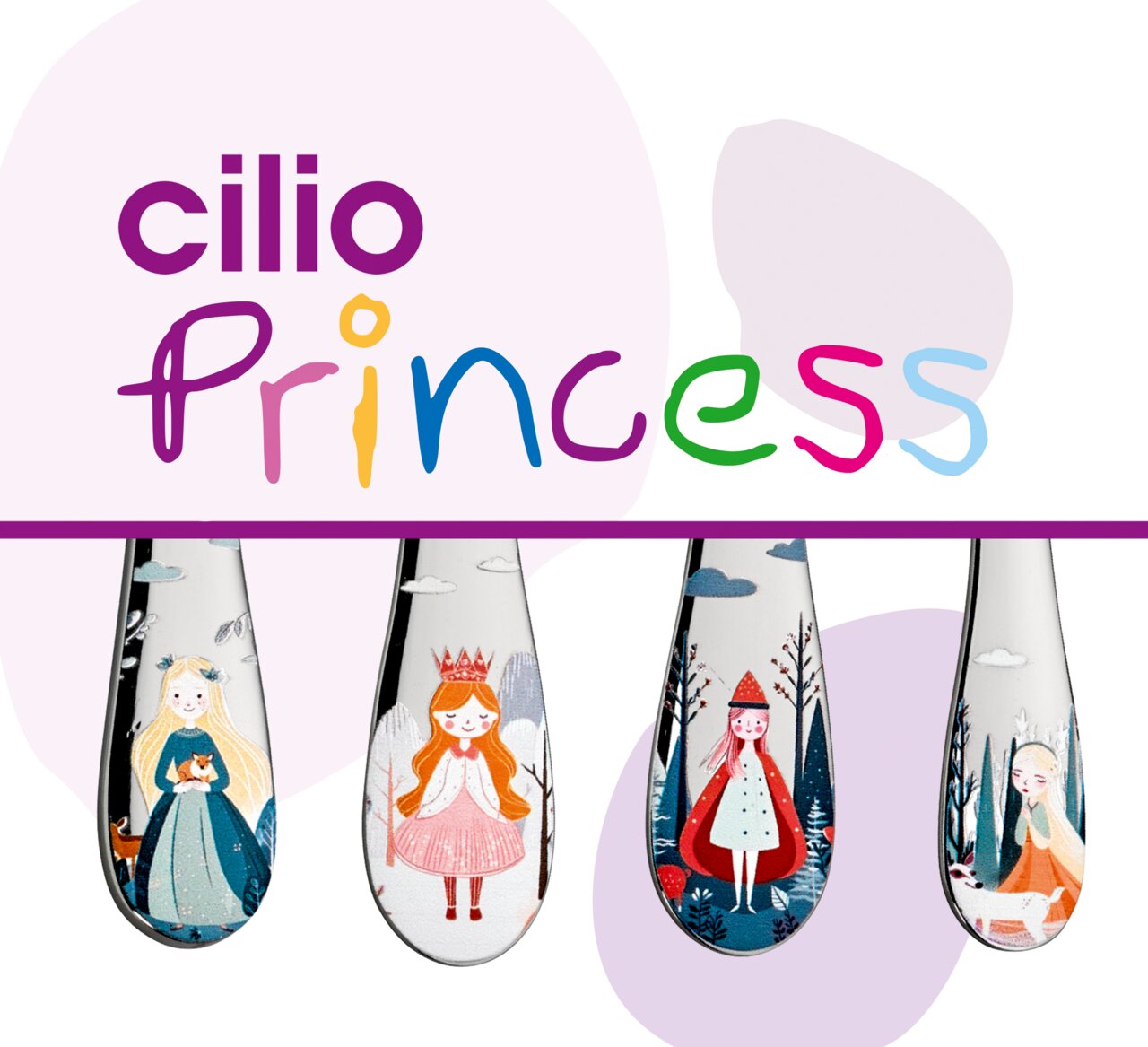 Kinderbesteck PRINCESS 4-tlg. mit bunten Prinzessinnen-Motiven, Vorderansicht