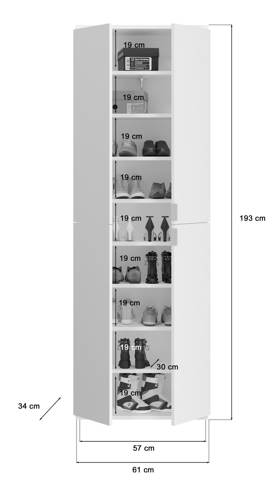 Hochformatiger weißer Garderobenschrank mit mehreren Fächern, gefüllt mit Schuhen und Boxen, frontal abgebildet.