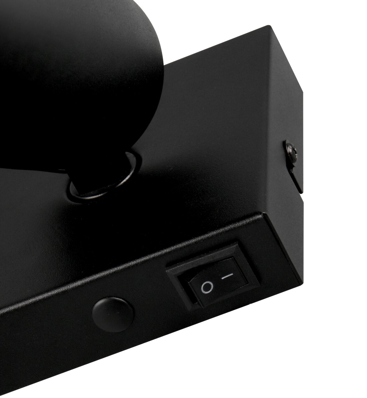 Nahaufnahme eines schwarzen Strahlers mit Schalter, seitliche Perspektive