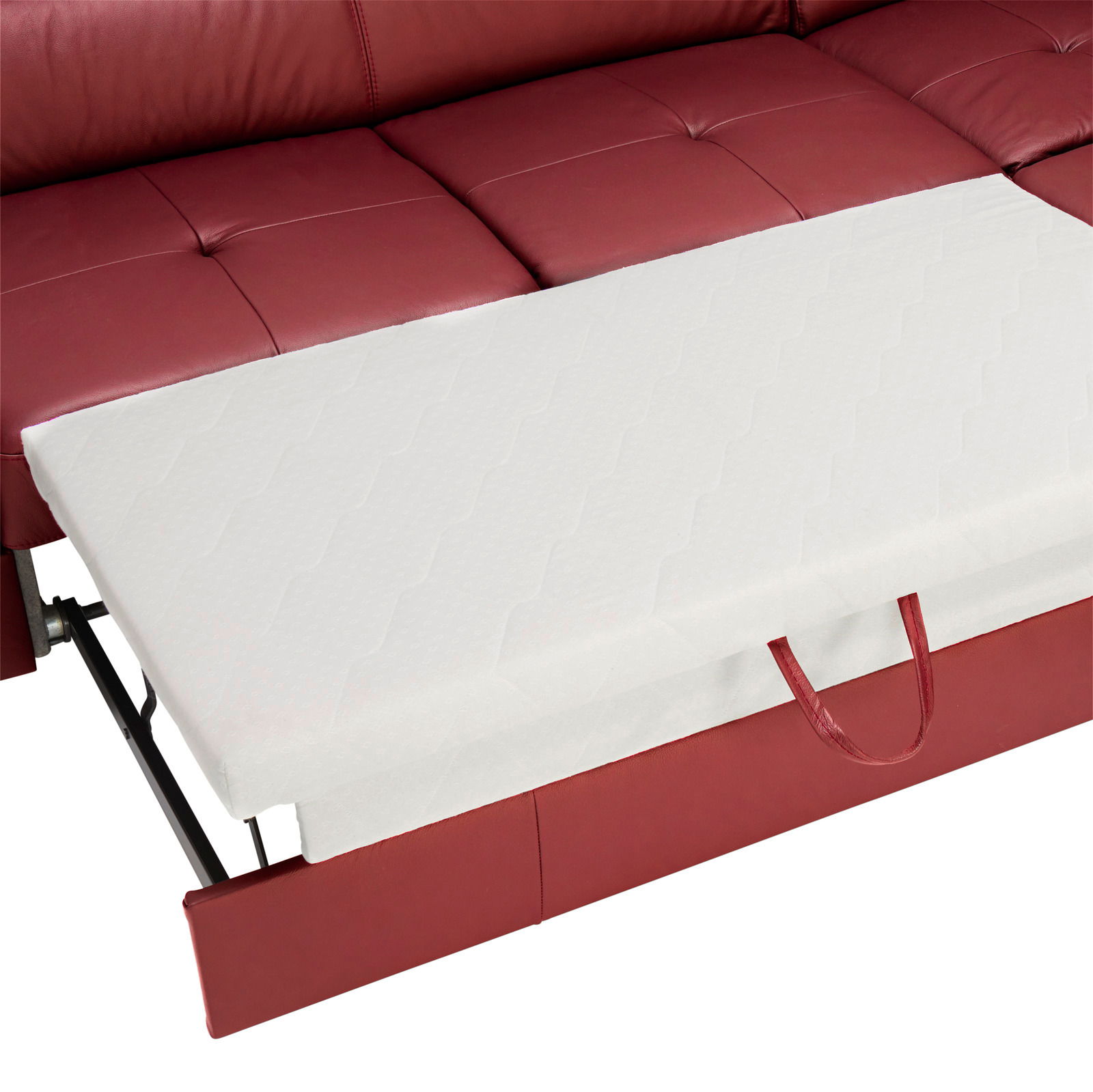 Nahaufnahme einer roten Polsterrundecke mit ausziehbarem weißen Bettkasten.