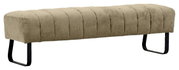Beige gepolsterte 2,5er-Sitzbank mit schwarzem Metallgestell, seitliche Perspektive