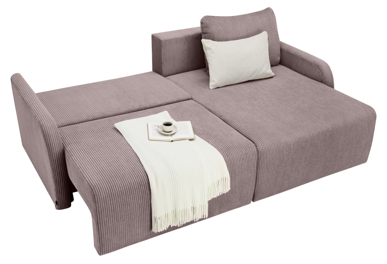 Rundecke in L-Form mit ausziehbarem Bett, aus braunem Stoff, mit Kissen und Decke, von oben fotografiert.