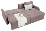 Rundecke in L-Form mit ausziehbarem Bett, aus braunem Stoff, mit Kissen und Decke, von oben fotografiert.