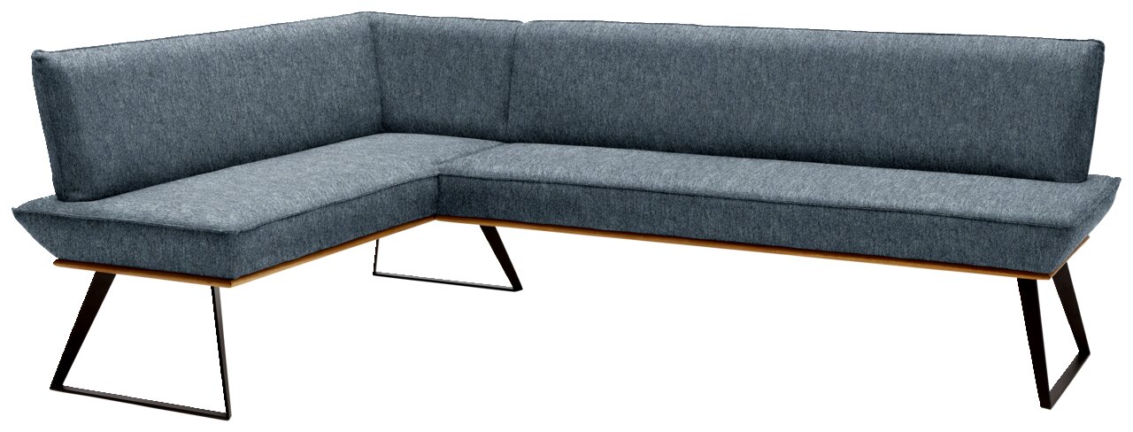 Eckbank in L-Form mit grauem Stoffbezug und schwarzen Metallbeinen, Perspektive von vorne links