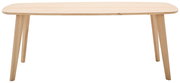 Moderner Esstisch aus hellem Holz mit abgerundeten Ecken, frontal betrachtet.