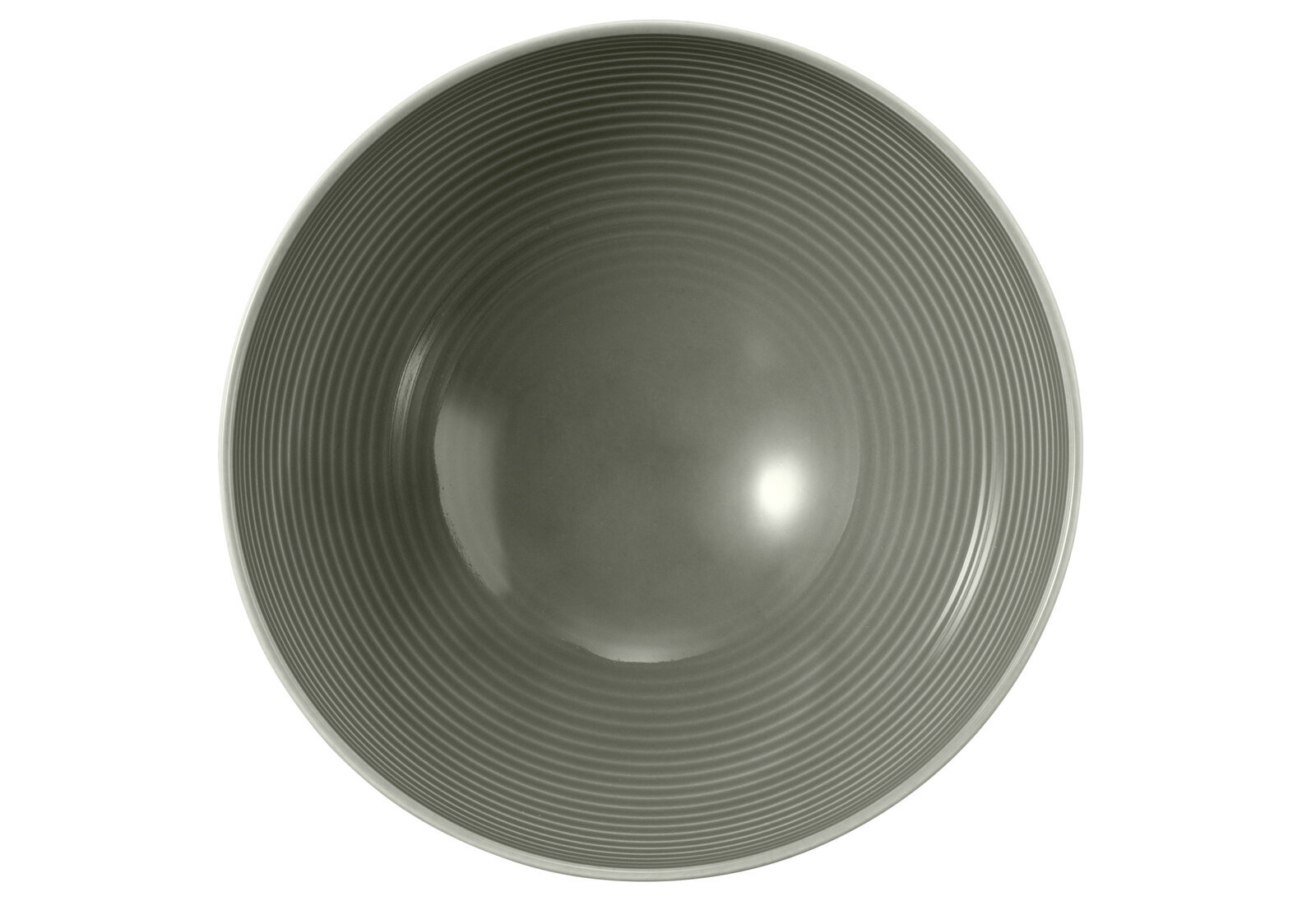 Obenansicht einer perlgrauen Schüssel mit geriffeltem Design, 15,5 cm Durchmesser, von Seltmann Weiden.