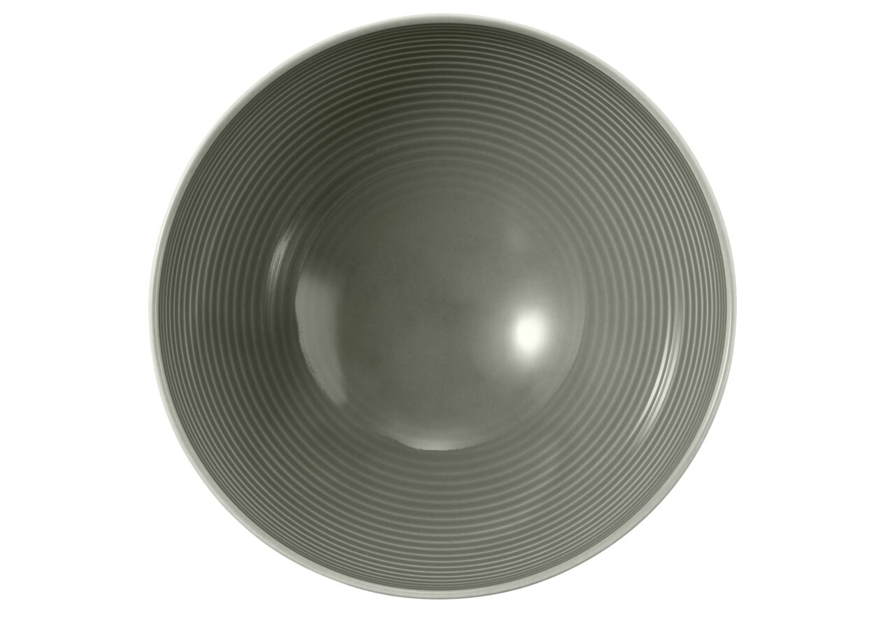 Obenansicht einer perlgrauen Schüssel mit geriffeltem Design, 15,5 cm Durchmesser, von Seltmann Weiden.